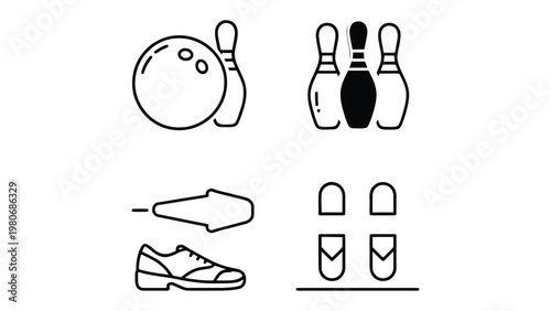 Bowling Essentials: Illustration captures the classic icons of bowling, from ball to pins and shoes, offering a glimpse into the sport's core components.