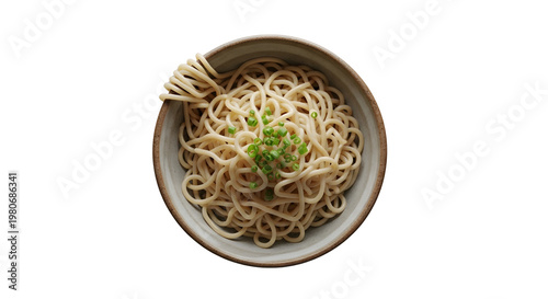 Fresh Noodles in Bowl with Chopped Green Onion on Transparent Background