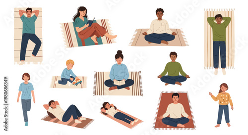 Top View Minimalist Flat Vector Park Scene: Diverse People Relaxing and Picnic on Mats 