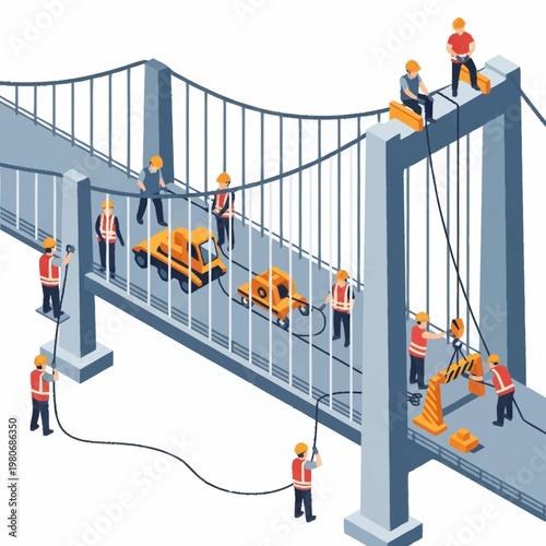 Workers constructing a suspension bridge with safety gear.