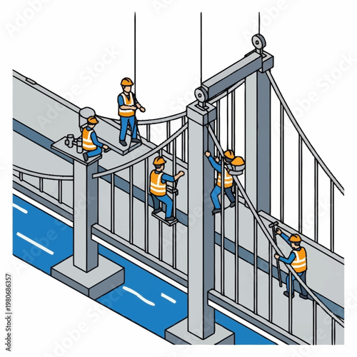 Workers installing suspension bridge cables.