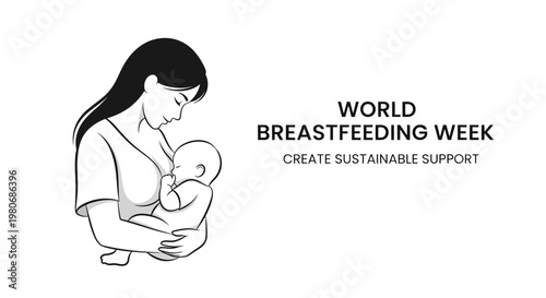Line art illustration of a mother breastfeeding her newborn baby for World Breastfeeding Week.