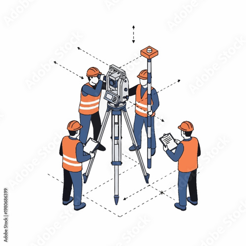 construction workers operating surveying equipment.