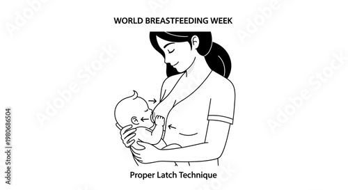 Educational illustration demonstrating proper breastfeeding latch technique for mothers and babies.