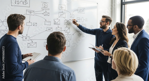 Professional Business Team Collaborating on a Complex Flowchart During a Strategic Brainstorming Session in Office