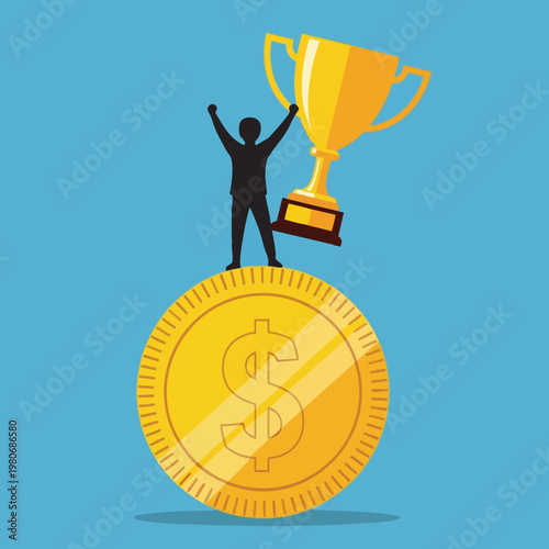 Celebrating Success and Achievement with a Winner Holding a Trophy and a Gold Coin