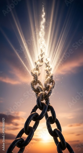 Conceptual metal chain links breaking apart with bright glowing light against sunset sky.