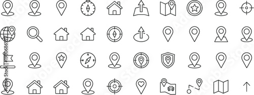 Minimalist thin line map navigation location pin outline icons, gps destination route tracking, compass search, home address, vector illustration set