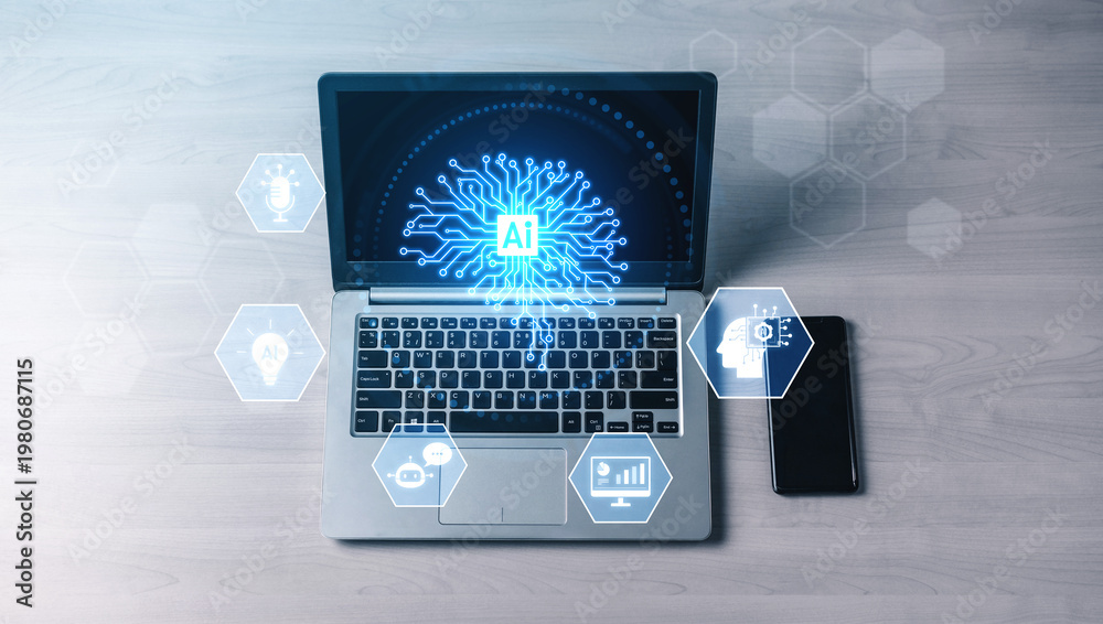 Fototapeta premium AI integration into systems including speech, chatbot, analytics, automation, and digital intelligence for innovation and smart technology deployment Vouch