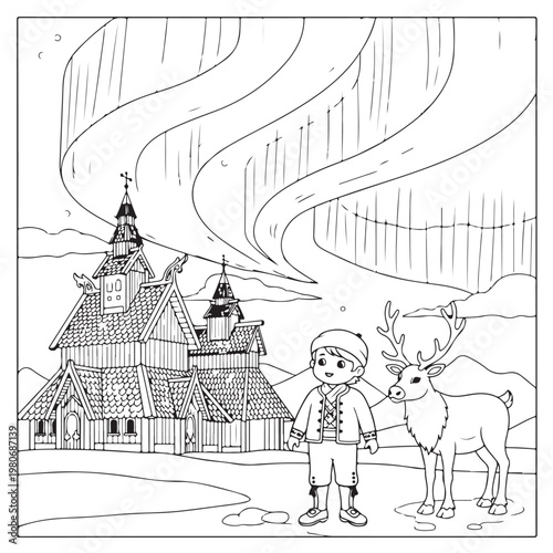 Coloring page featuring scandinavian boy with reindeer near traditional wooden stave church under northern lights aurora borealis sky.