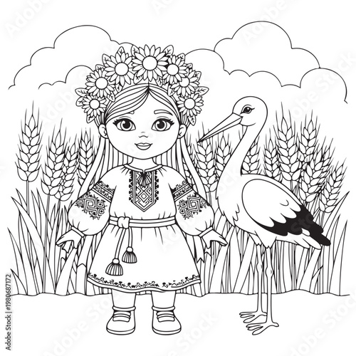 Coloring page featuring ukrainian girl in vyshyvanka with flower wreath standing in wheat field next to white stork.
