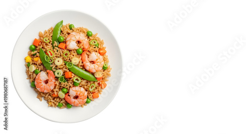 Delicious Shrimp Fried Rice with Vegetables in White Bowl