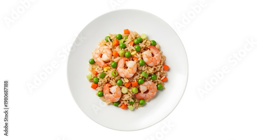 Colorful Shrimp Rice Bowl on White Plate in Transparent Background