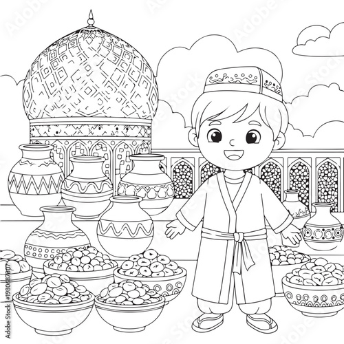 Middle eastern boy at traditional pottery market with dome architecture coloring book illustration.