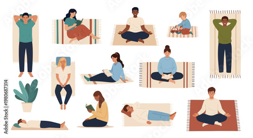 Top View Minimalist Flat Vector Park Scene: Diverse People Relaxing and Picnic on Mats 