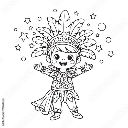 Happy child in colorful carnival parade costume with feather headpiece coloring page for kids.