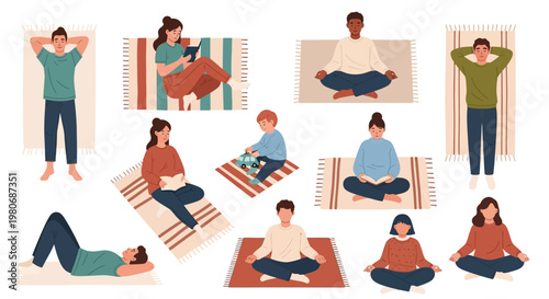 Top View Minimalist Flat Vector Park Scene: Diverse People Relaxing and Picnic on Mats 