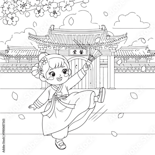 coloring page featuring cute cartoon girl wearing traditional korean hanbok dress, holding fan, in front of traditional korean building with cherry blossom tree.