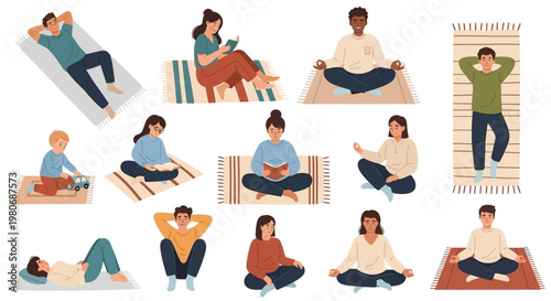 Top View Minimalist Flat Vector Park Scene: Diverse People Relaxing and Picnic on Mats 