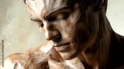 A close-up of a sculpted male figure with intricate details, showcasing artistry and emotion