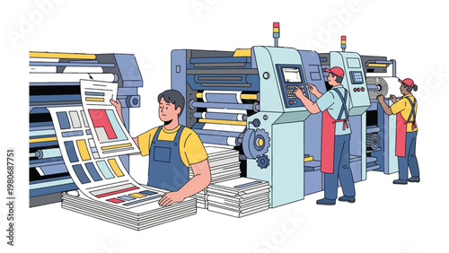 Printing Press Precision: Skilled workers in a print shop expertly manage advanced printing machinery, producing high-quality documents and publications with focused attention.