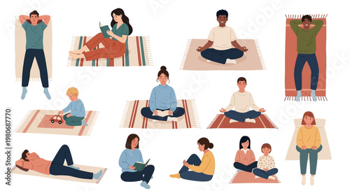 Top View Minimalist Flat Vector Park Scene: Diverse People Relaxing and Picnic on Mats 