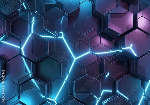 Abstract futuristic hexagonal pattern with neon lights and digital lines