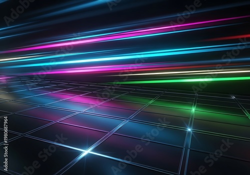 Abstract futuristic neon light streaks on a checkered surface background