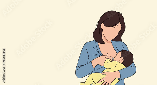 A mother breastfeeding her newborn baby in a minimalist illustration style.