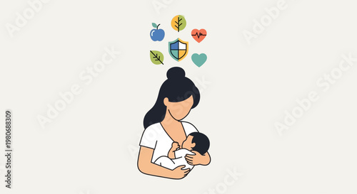 Illustration of a mother breastfeeding her baby with health icons.