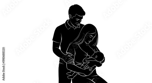 Silhouette illustration of a mother breastfeeding her baby while a father stands behind supporting them.