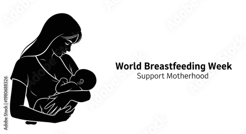 Black and white illustration of a mother breastfeeding her newborn baby.