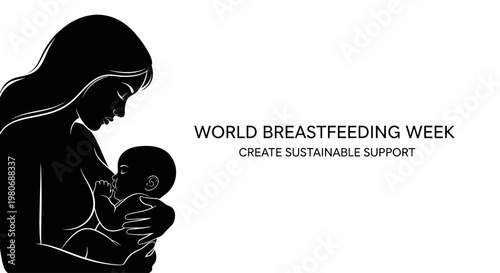 Black and white illustration of a mother breastfeeding her newborn baby.