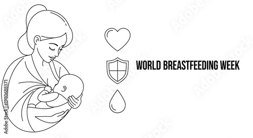 World Breastfeeding Week line art illustration with mother and baby.