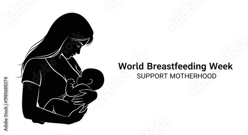 Black and white illustration of a mother breastfeeding her newborn baby for World Breastfeeding Week.