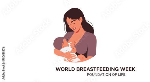 A mother gently breastfeeding her newborn baby illustration.