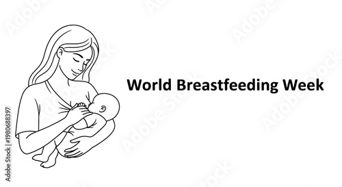 Line art illustration of a mother breastfeeding her baby for World Breastfeeding Week.