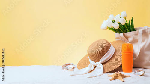 Soft yellow backdrop highlights beach essentials. Straw hat rests beside a sunscreen bottle. White tulips add freshness to the scene. Starfish and seashells hint at seaside adventures