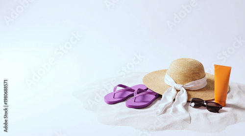 Sun hat rests beside purple flip-flops and sunglasses. Orange sunscreen tube lies nearby on soft, light sand. White ribbon wraps around the hat for gentle elegance