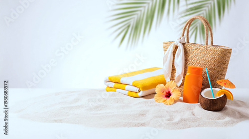 Sunlit beach scene with soft sand and green palm fronds. Woven bag rests beside striped towels and vibrant tropical flowers. Coconut cup with straw, orange juice, and orange slices add refreshment
