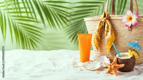 Sunlight glows softly over a sandy beach. Woven basket sits beside a coconut drink. Tropical leaves flutter behind, soft and green. Starfish rests near seashells, adding charm