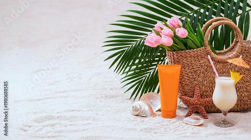 Sun-kissed sand meets tropical leaves and beach essentials. Bright orange sunscreen stands beside a refreshing coconut drink. Pink tulips bloom in a woven basket beside palm fronds