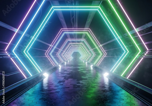 Abstract futuristic tunnel with neon lights and hexagonal patterns