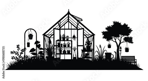 A detailed black silhouette of a greenhouse filled with plants and garden tools