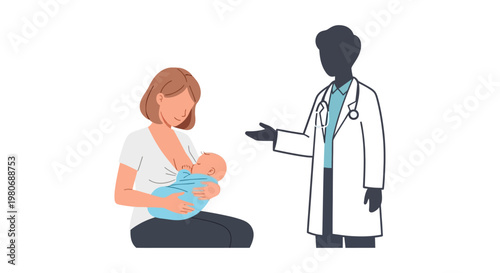 A doctor consulting a mother breastfeeding her newborn baby.