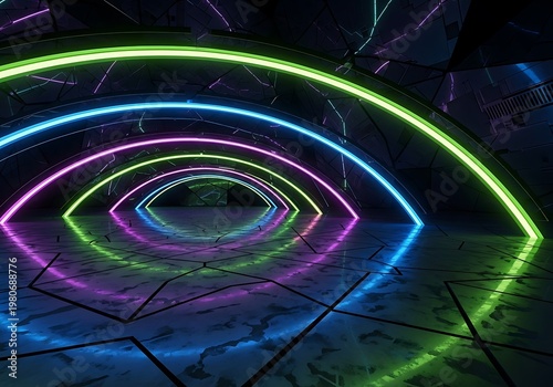 Abstract futuristic tunnel with neon lights and reflective surface