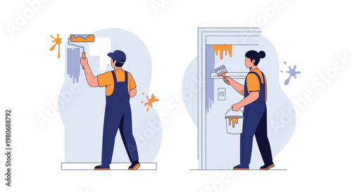 Two painters working on a wall and door cheerfully decorating