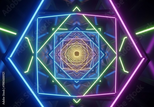 Abstract geometric neon light tunnel with vibrant colors and symmetry