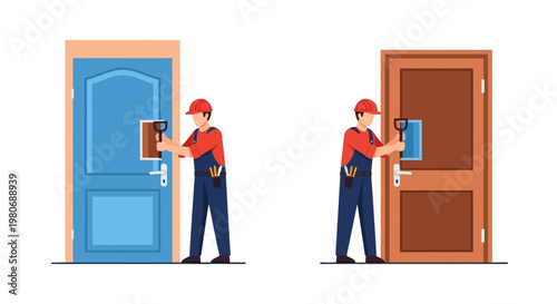 Locksmith inspecting and working on two different colored doors