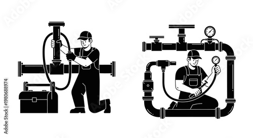Plumbers maintaining and repairing complex pipe systems with specialized tools